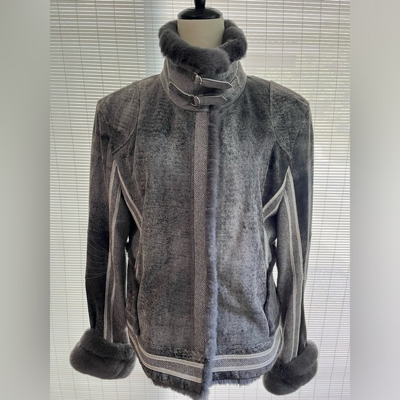 St. John Sport Genuine Fur Trim Gray Suede Jacket retail  $1,000 - Picture 2 of 11